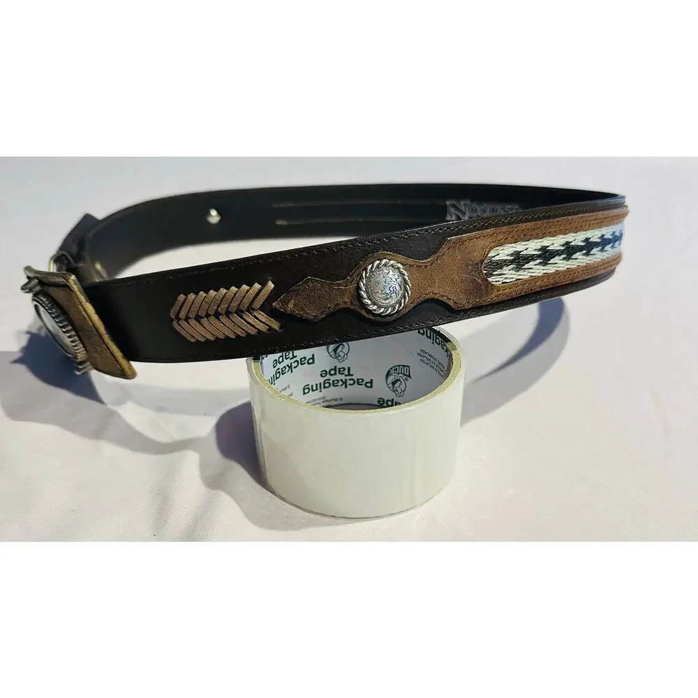 Nocona Belt Men 36 Brown Leather Western Cowboy Rodeo Silver/Gold Accent Aztec
